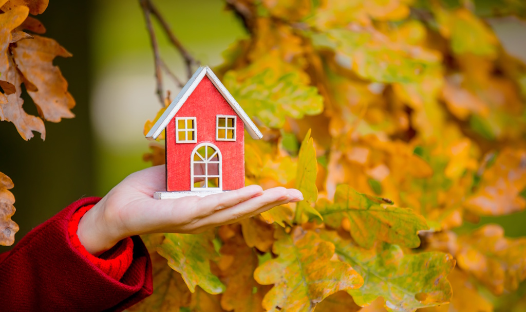 small wooden home with fall leaf background
